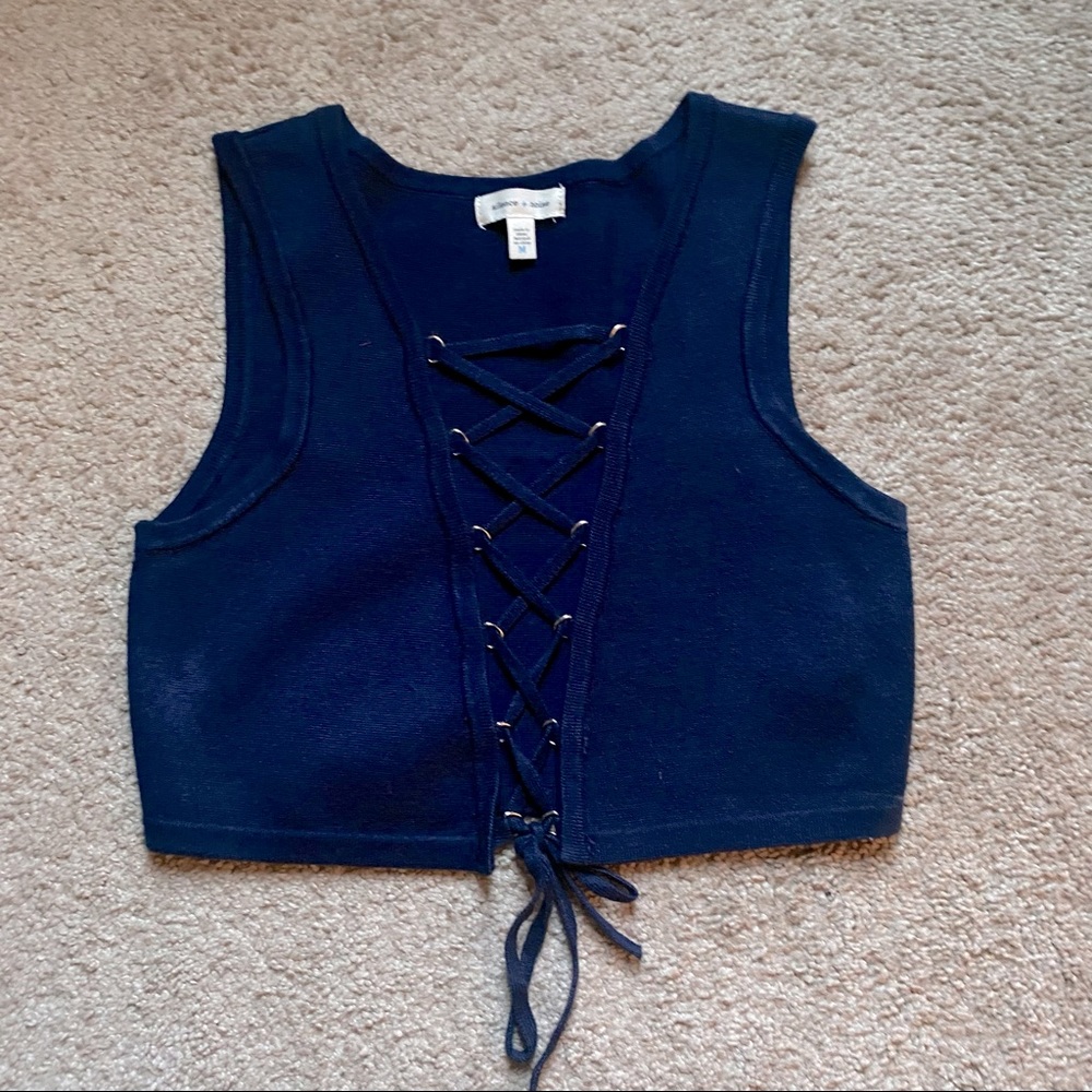 NEW Silence + Noise Navy Knit Lace Up Crop Top Sweater Tank NWOT